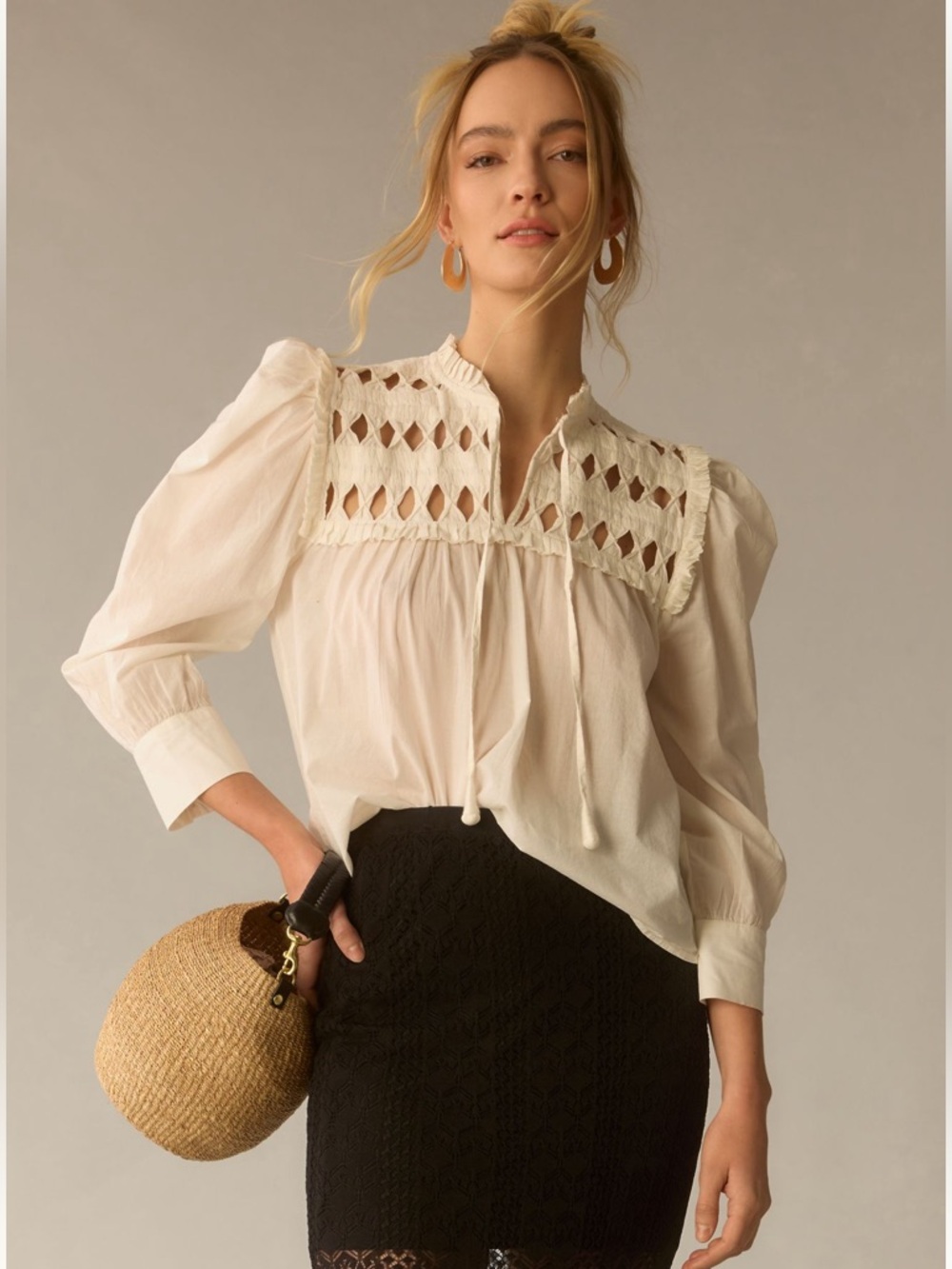 NWT Anthropologie Self Contrast White Puff Sleeve bohemian top size large